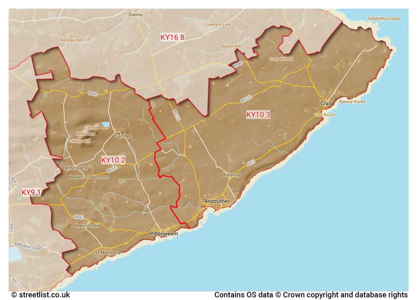 map showing postcode sectors within the KY10 district
