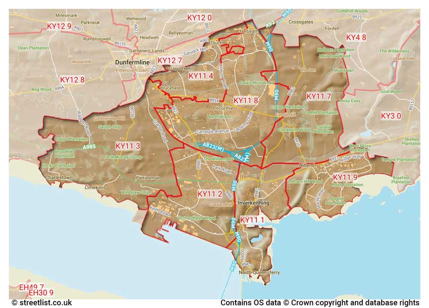 map showing postcode sectors within the KY11 district