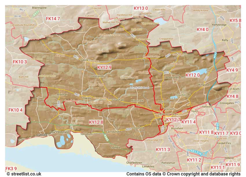 map showing postcode sectors within the KY12 district