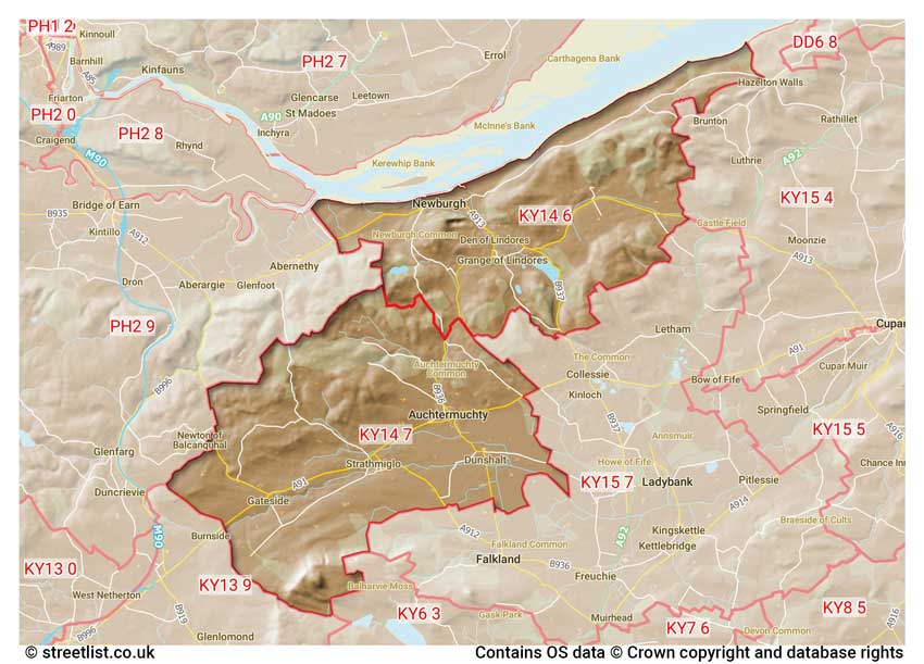 map showing postcode sectors within the KY14 district