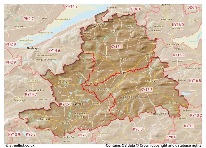 map showing postcode sectors within the KY15 district