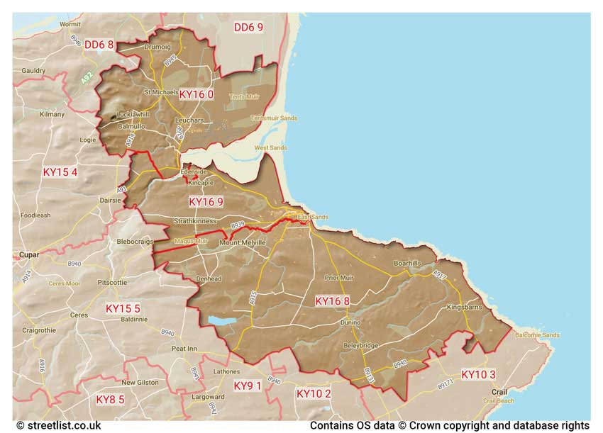 map showing postcode sectors within the KY16 district