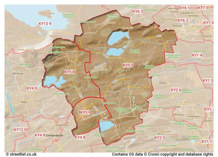 map showing postcode sectors within the KY5 district