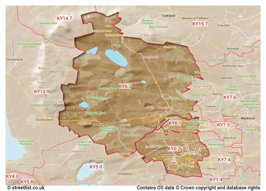 map showing postcode sectors within the KY6 district