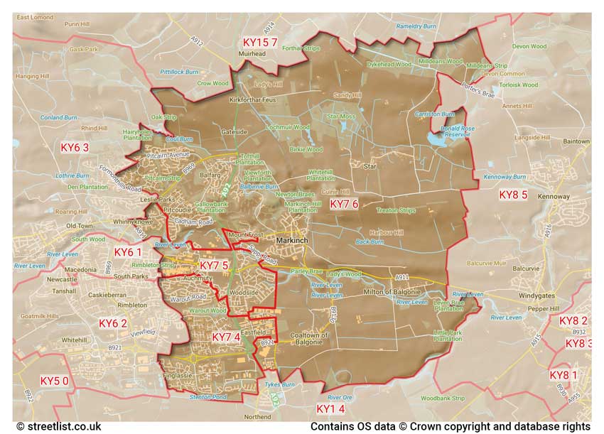 map showing postcode sectors within the KY7 district