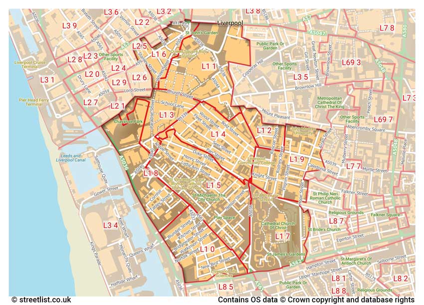 map showing postcode sectors within the L1 district