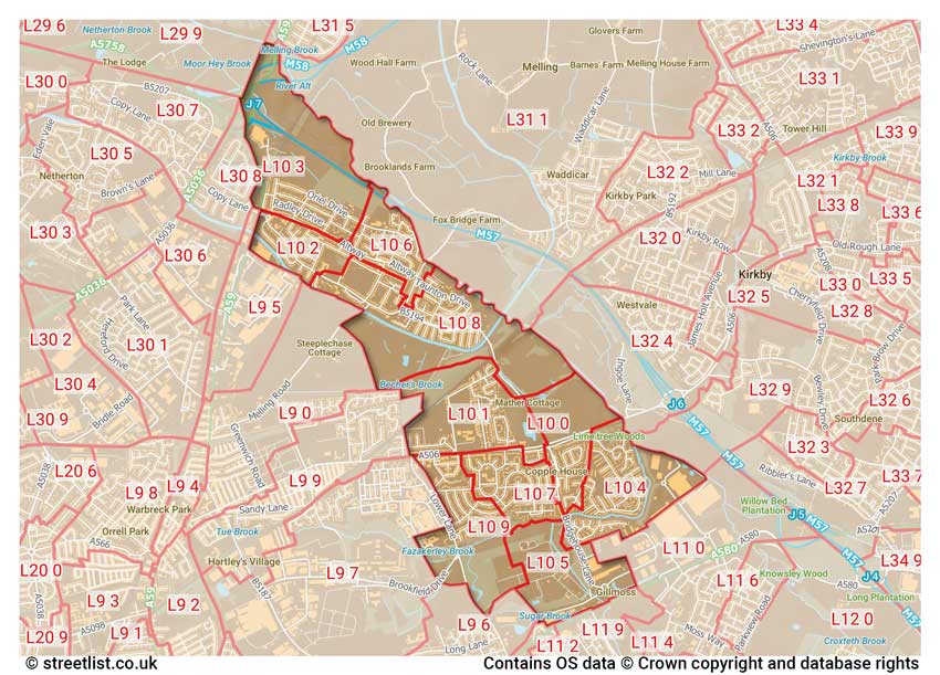 map showing postcode sectors within the L10 district