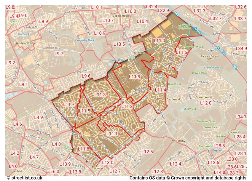 map showing postcode sectors within the L11 district