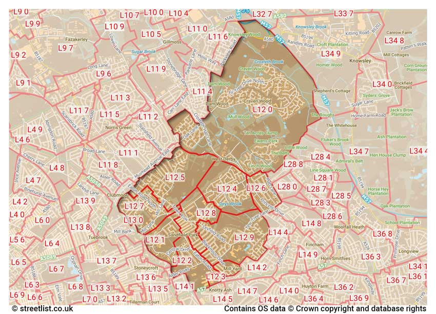 map showing postcode sectors within the L12 district