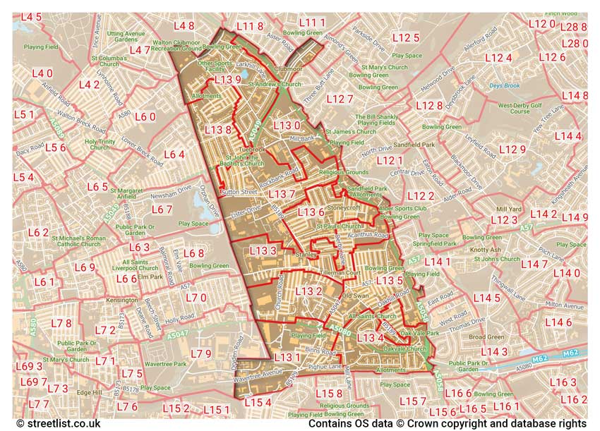 map showing postcode sectors within the L13 district