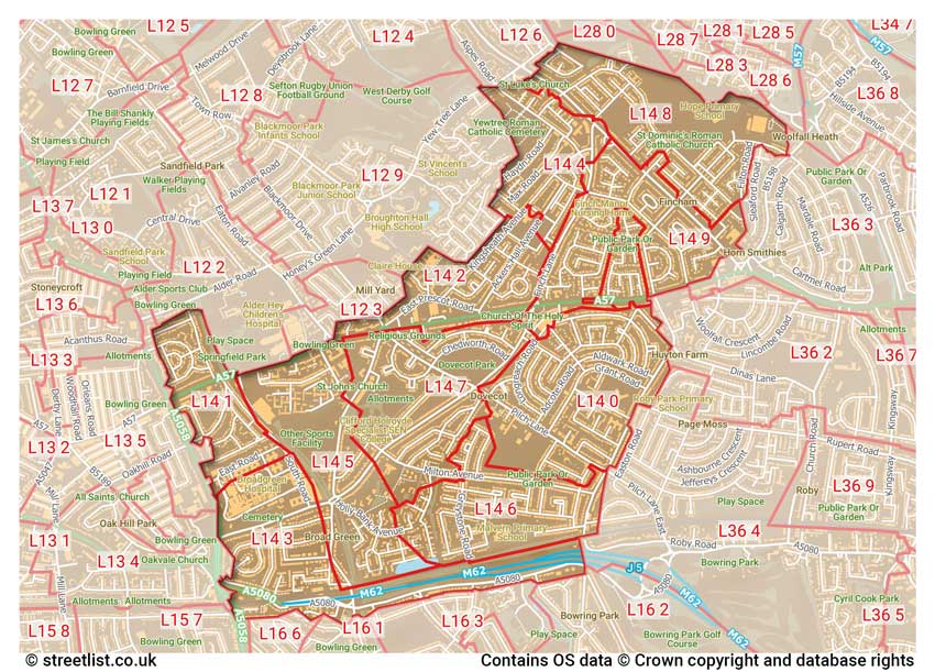 map showing postcode sectors within the L14 district