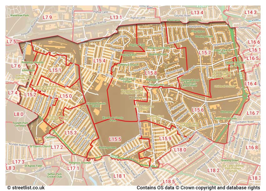 map showing postcode sectors within the L15 district