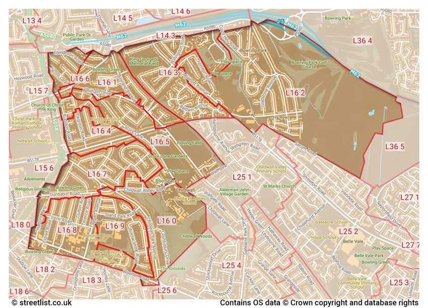 map showing postcode sectors within the L16 district