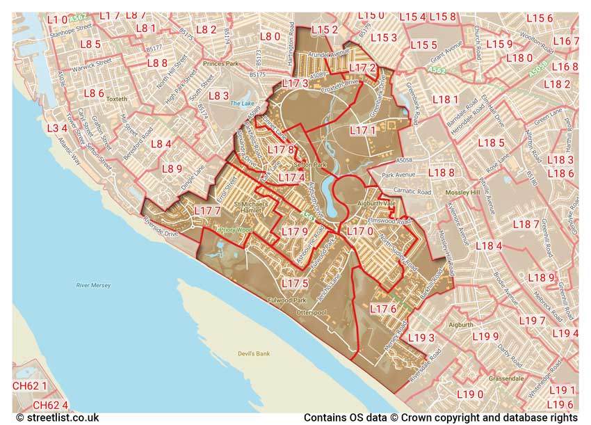 map showing postcode sectors within the L17 district