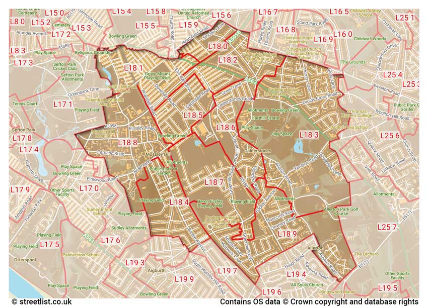 map showing postcode sectors within the L18 district