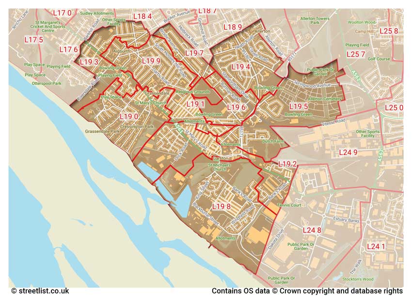 map showing postcode sectors within the L19 district