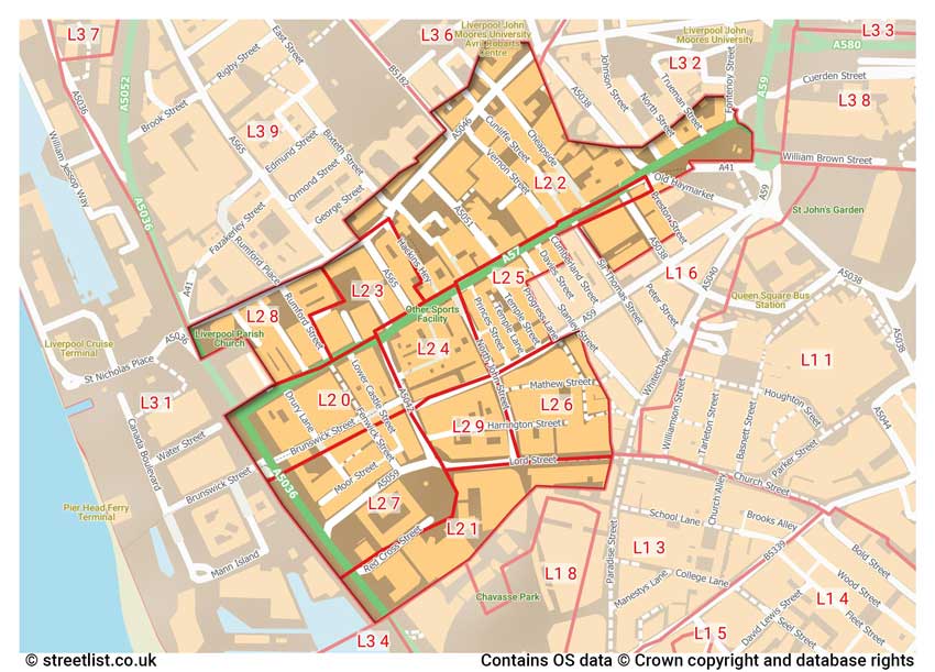 map showing postcode sectors within the L2 district