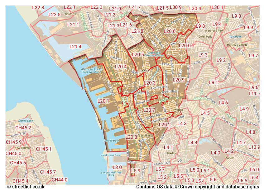 map showing postcode sectors within the L20 district