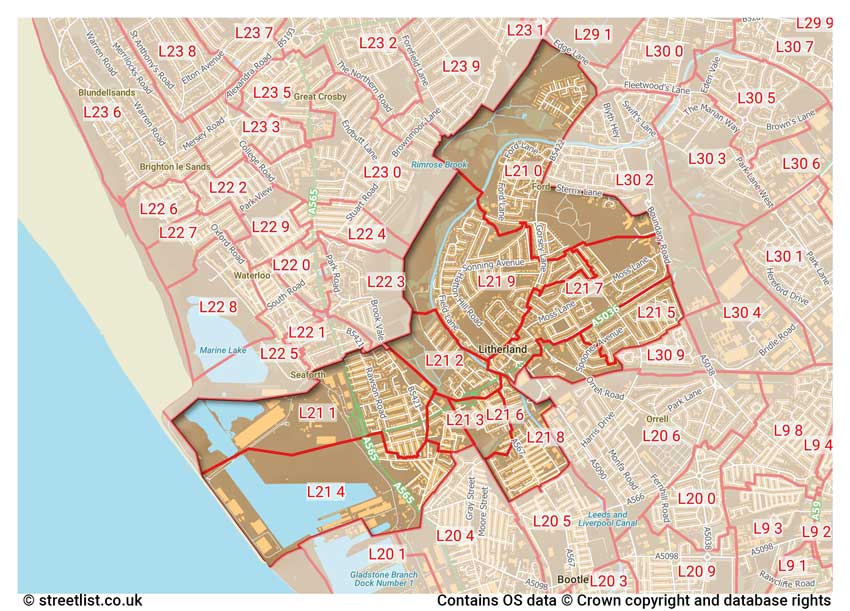 map showing postcode sectors within the L21 district