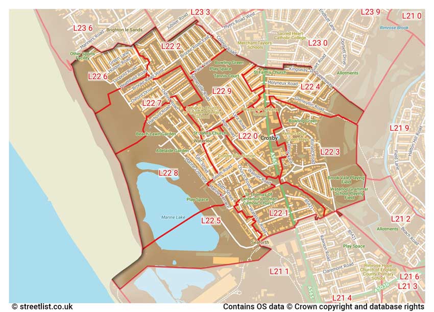 map showing postcode sectors within the L22 district