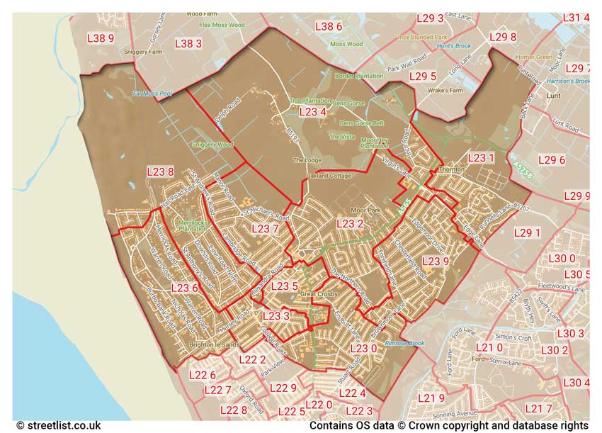 map showing postcode sectors within the L23 district