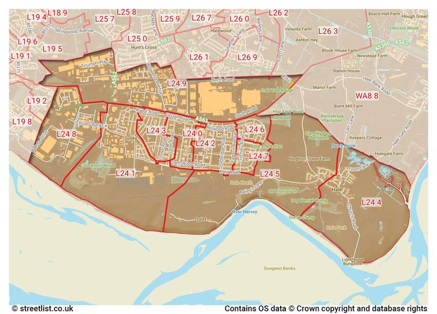 map showing postcode sectors within the L24 district