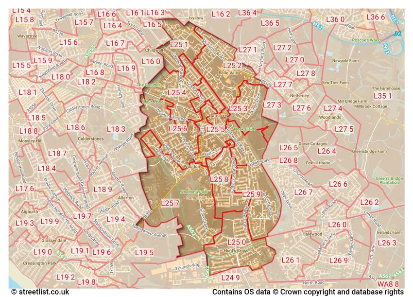 map showing postcode sectors within the L25 district