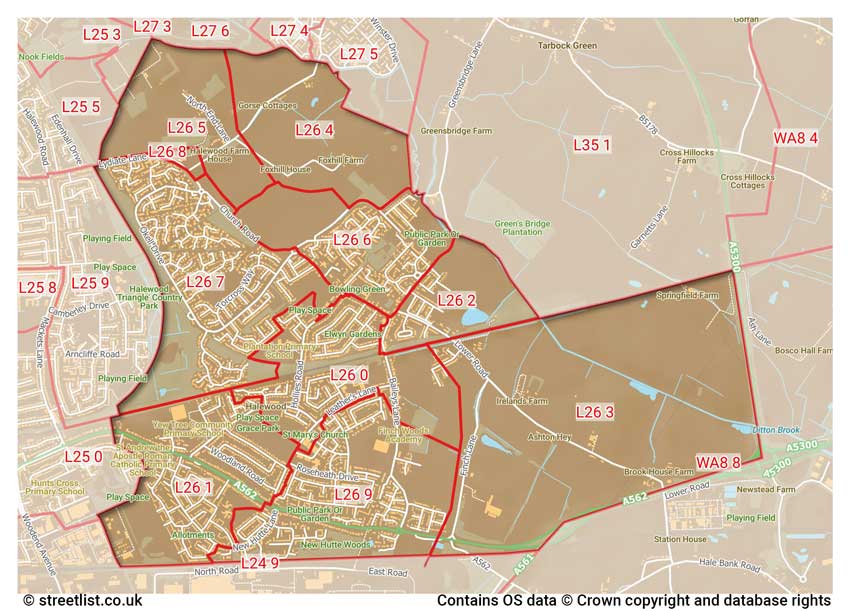 map showing postcode sectors within the L26 district