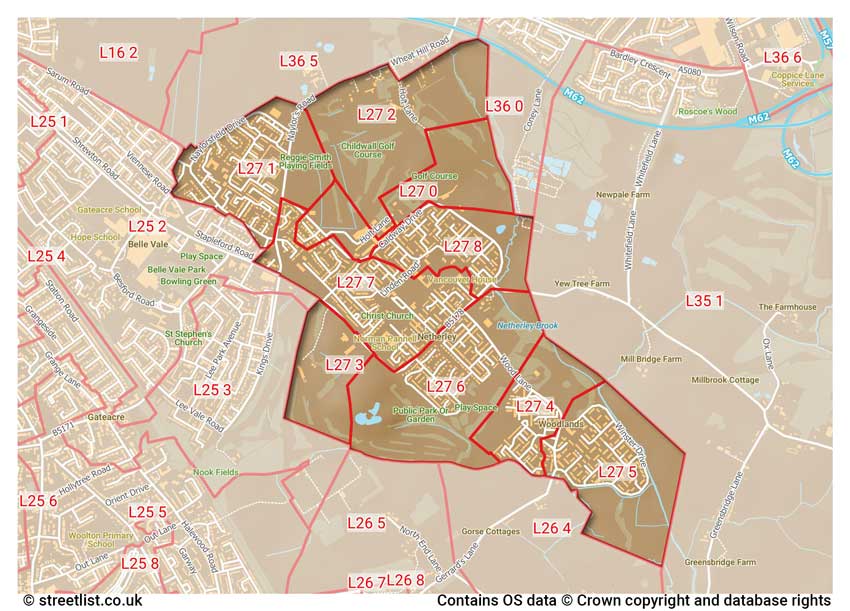 map showing postcode sectors within the L27 district