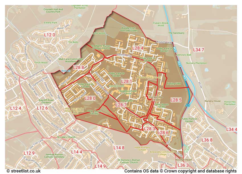 map showing postcode sectors within the L28 district