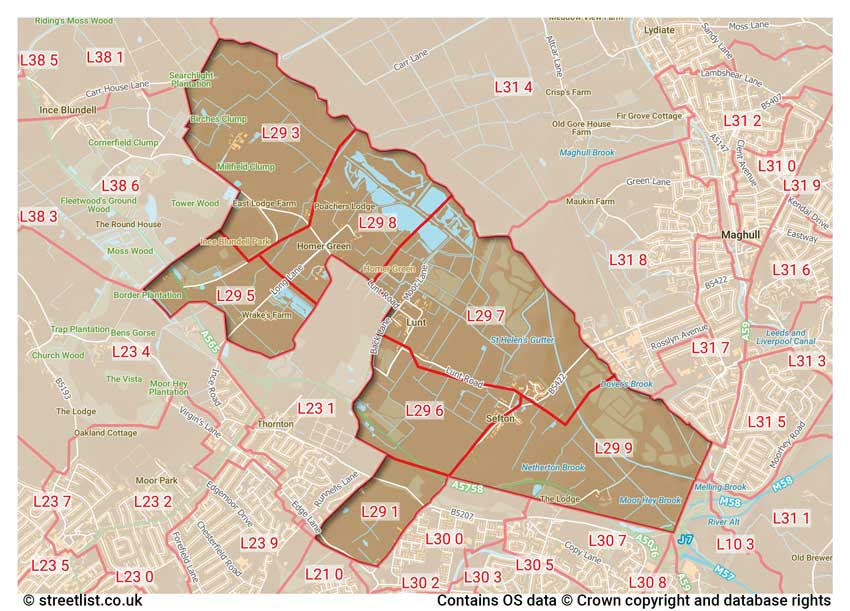 map showing postcode sectors within the L29 district