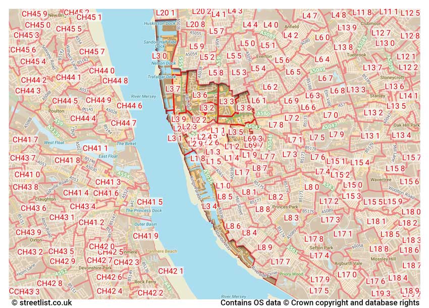 map showing postcode sectors within the L3 district