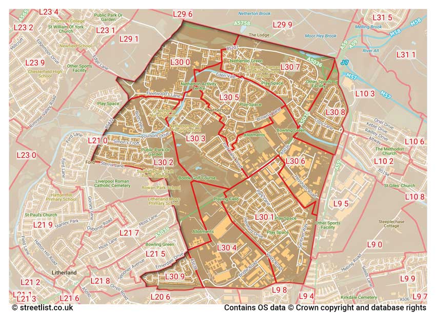 map showing postcode sectors within the L30 district