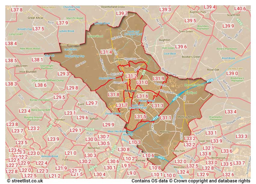 map showing postcode sectors within the L31 district