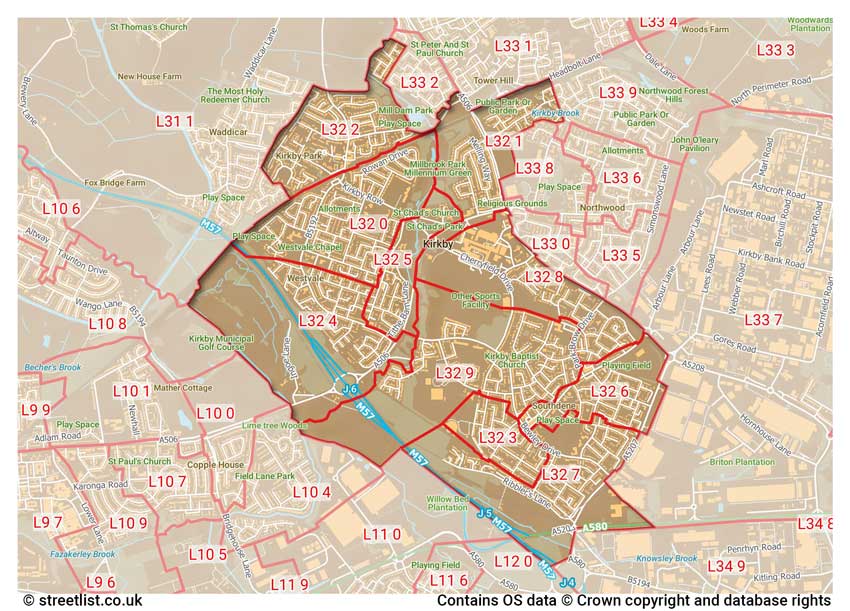 map showing postcode sectors within the L32 district