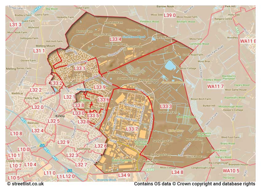 map showing postcode sectors within the L33 district