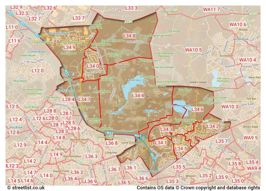 map showing postcode sectors within the L34 district