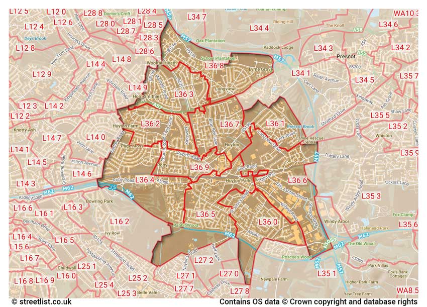 map showing postcode sectors within the L36 district