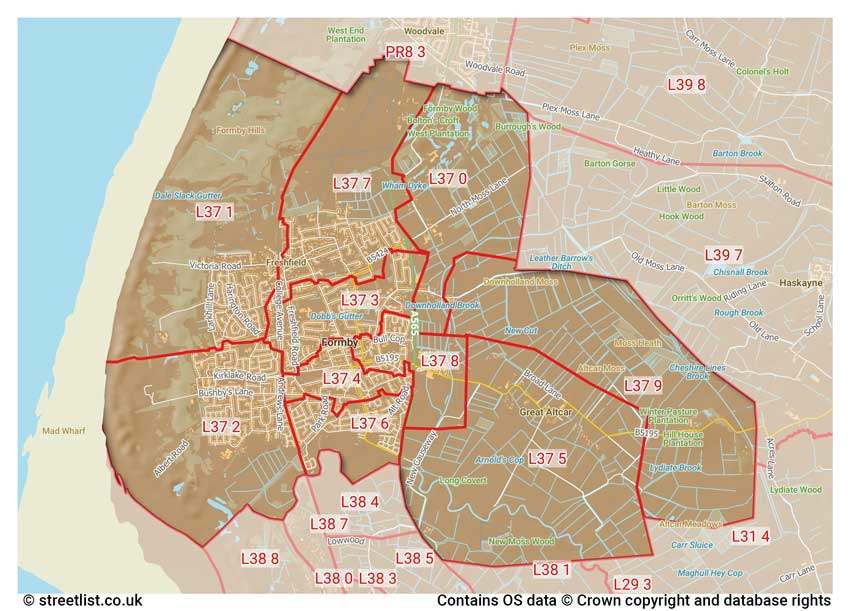 map showing postcode sectors within the L37 district