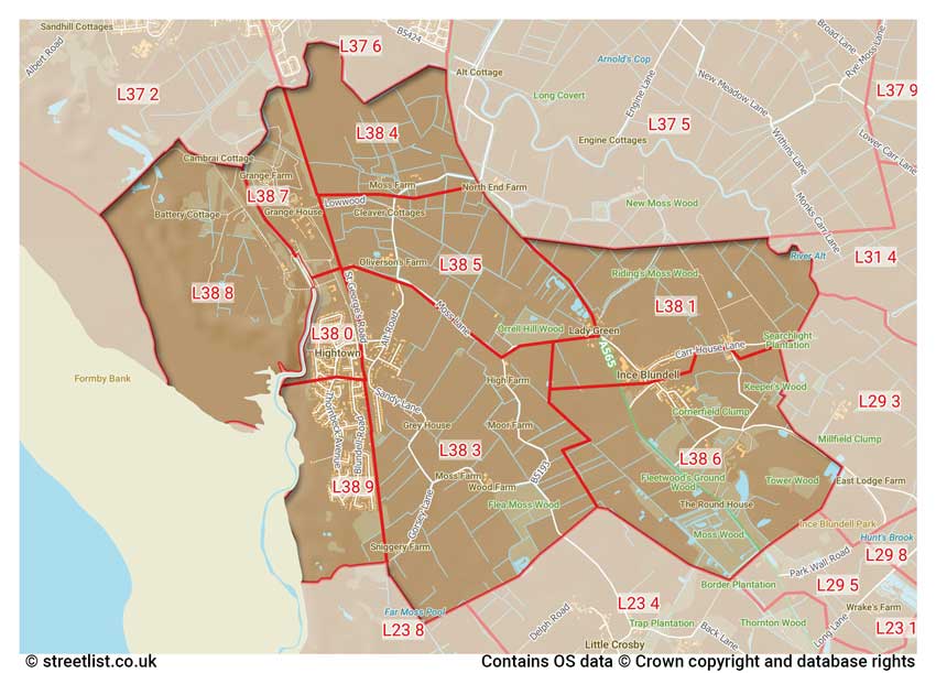 map showing postcode sectors within the L38 district