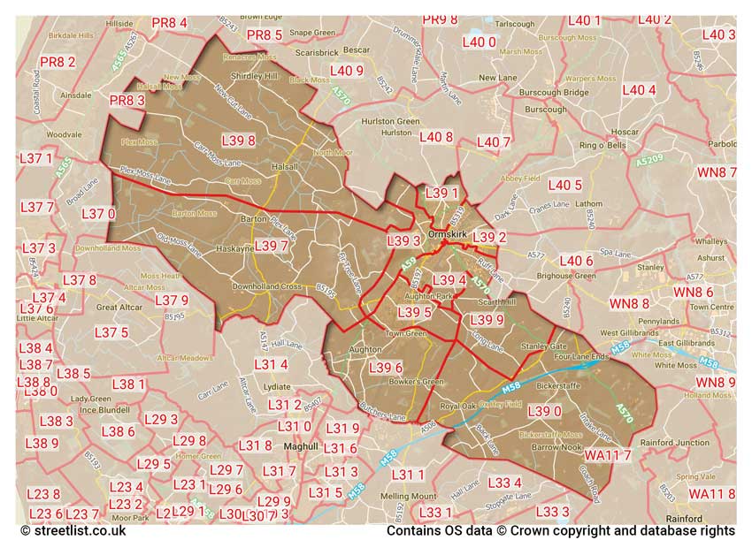 map showing postcode sectors within the L39 district