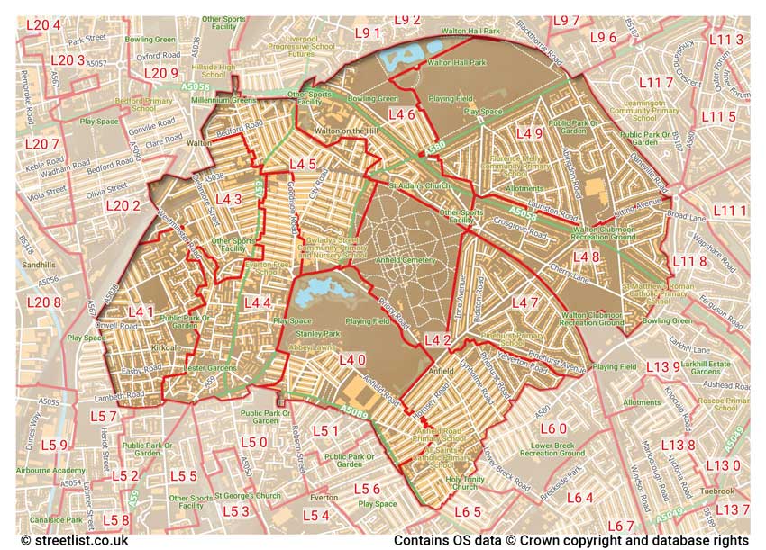 map showing postcode sectors within the L4 district