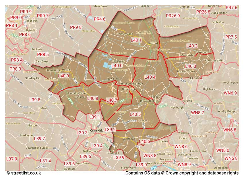 map showing postcode sectors within the L40 district