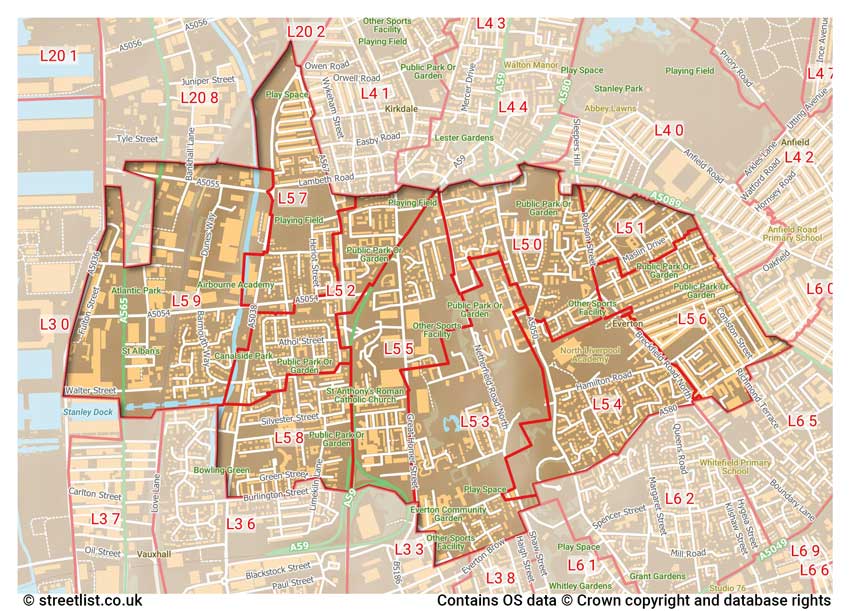 map showing postcode sectors within the L5 district