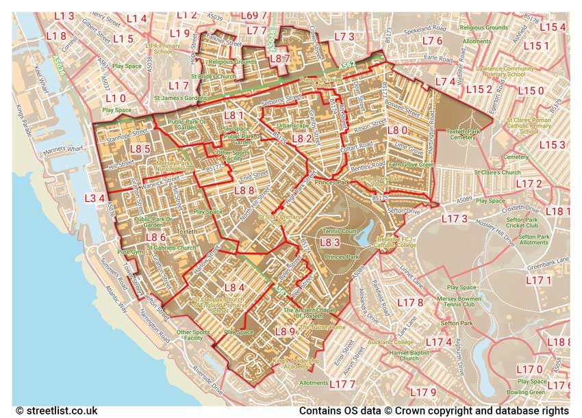 map showing postcode sectors within the L8 district