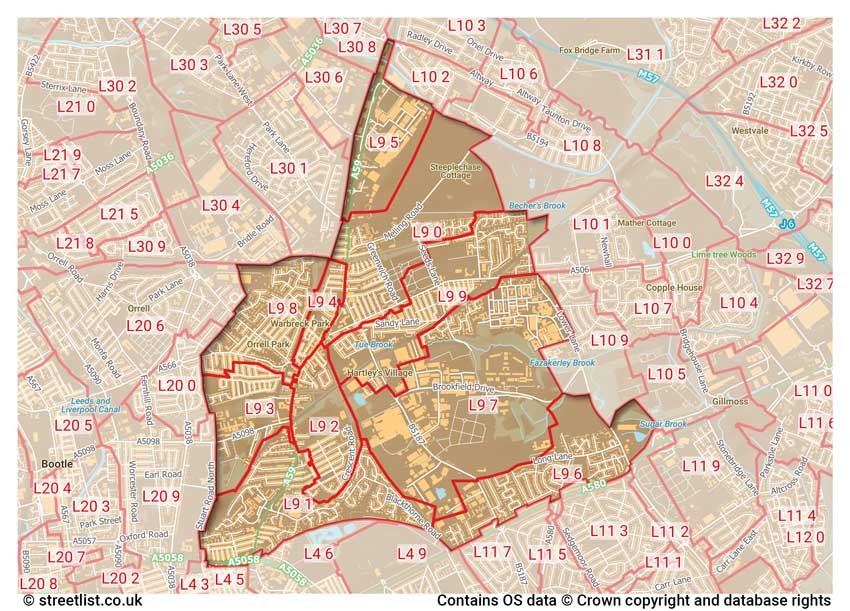 map showing postcode sectors within the L9 district