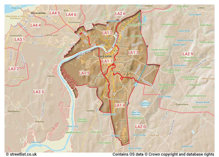 map showing postcode sectors within the LA1 district