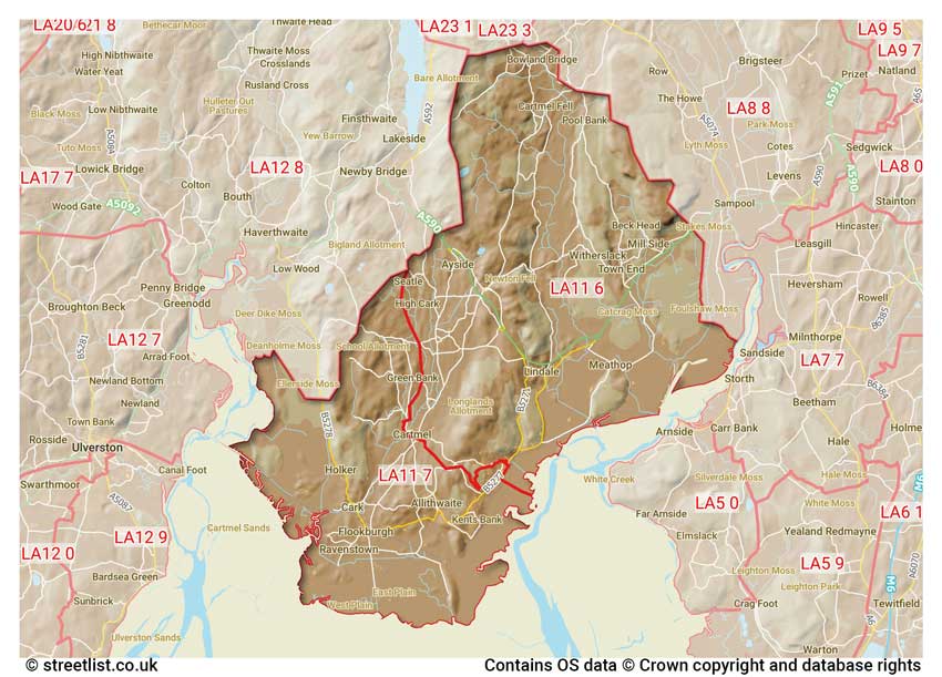 map showing postcode sectors within the LA11 district