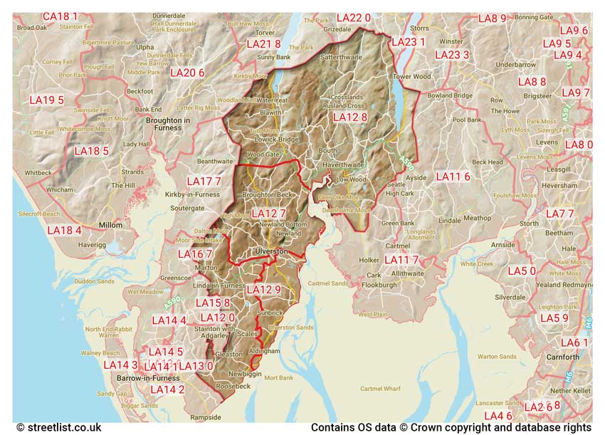 map showing postcode sectors within the LA12 district