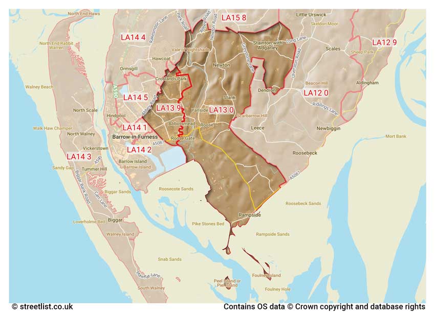 map showing postcode sectors within the LA13 district